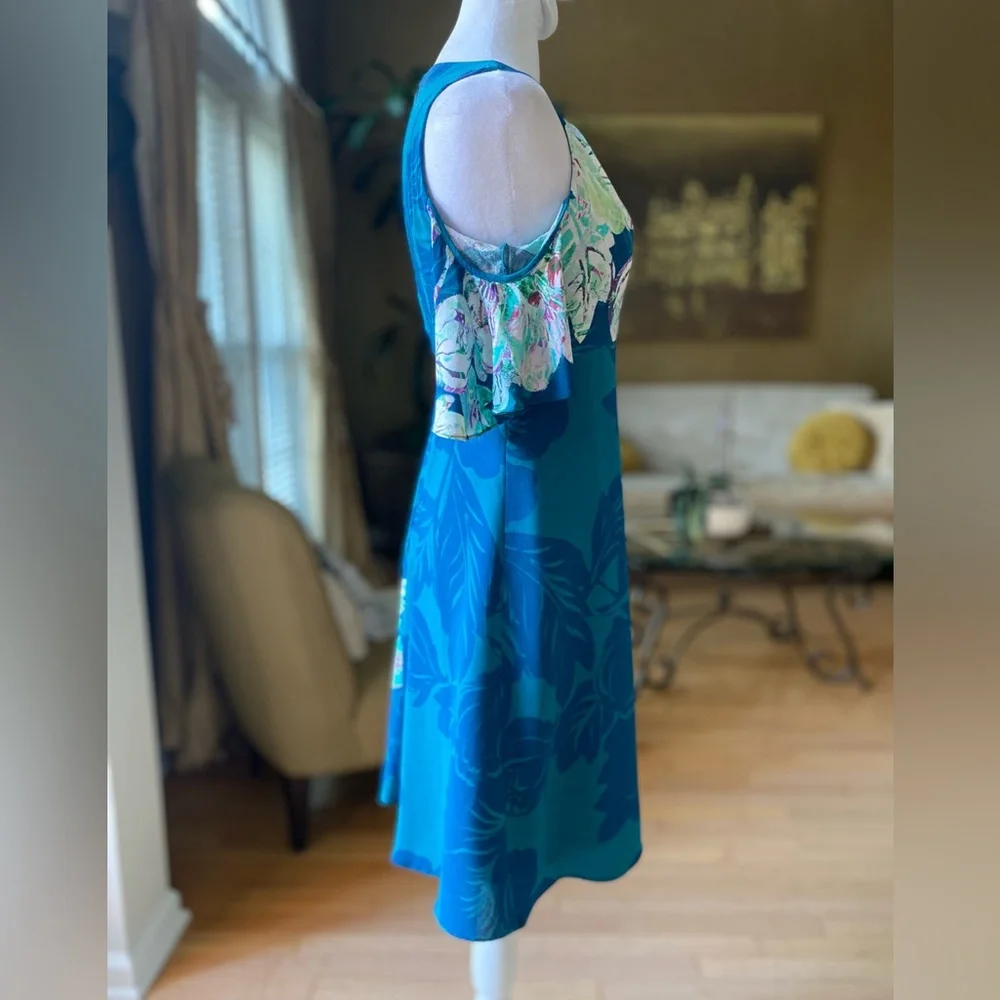 Anthropologie Maeve Elia Open Shoulder Dress Blue Floral Lined Sz 0 - Picture 6 of 16